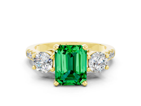 Yellow gold Three-Stone Emerald Cut Emerald Pavé Band with Four-Prong Setting