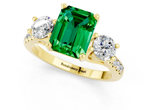 Yellow gold Three-Stone Emerald Cut Emerald Pavé Band with Four-Prong Setting_1