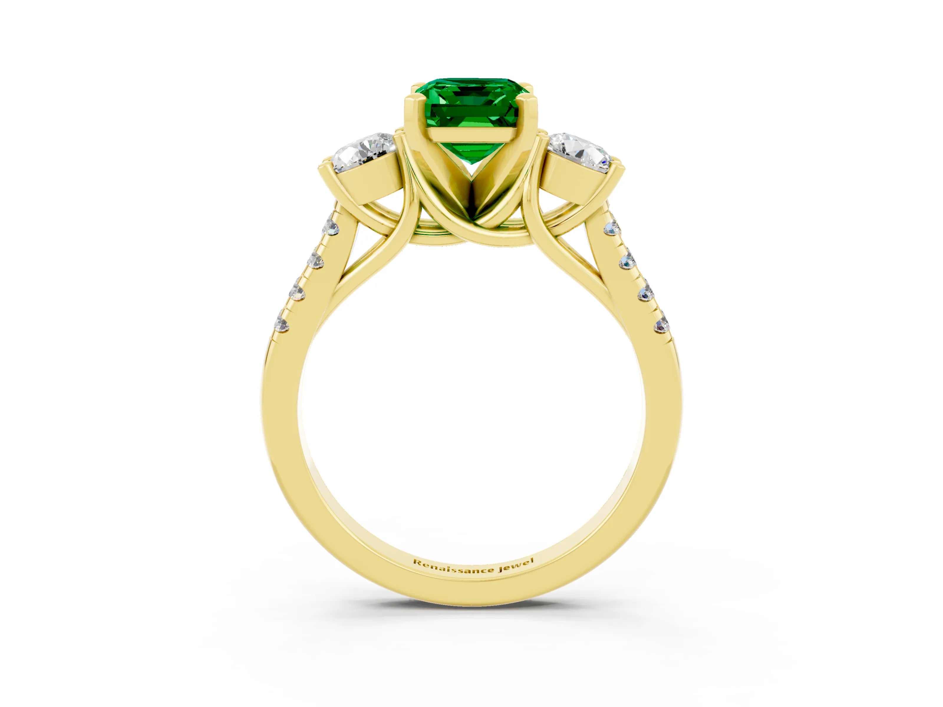 Yellow gold Three-Stone Emerald Cut Emerald Pavé Band with Four-Prong Setting_3