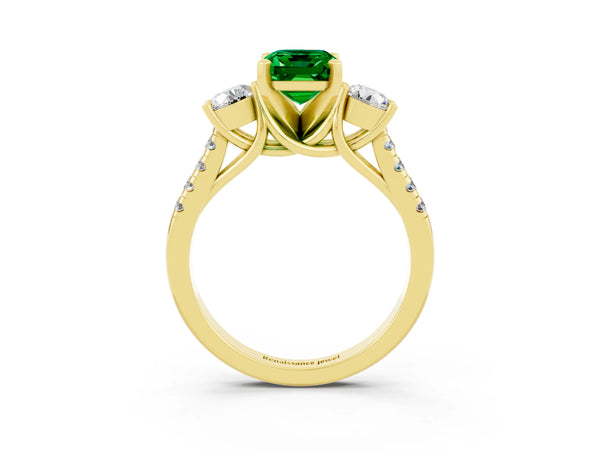 Yellow gold Three-Stone Emerald Cut Emerald Pavé Band with Four-Prong Setting