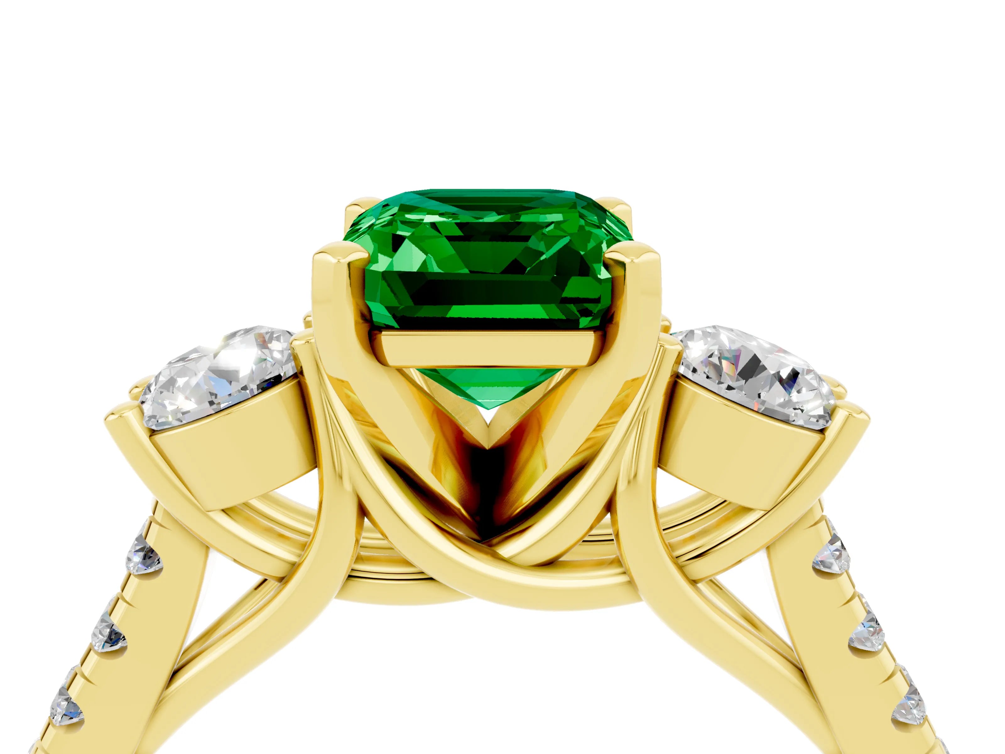 Yellow gold Three-Stone Emerald Cut Emerald Pavé Band with Four-Prong Setting_4