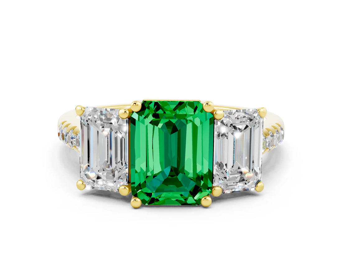 Yellow gold Three-Stone Emerald Cut Emerald Ring with Pavé Band and Prong Setting_12