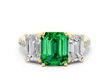 Yellow gold Three-Stone Emerald Cut Emerald Ring with Pavé Band and Prong Setting_12
