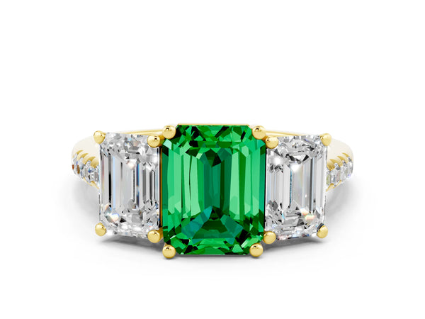 Yellow gold Three-Stone Emerald Cut Emerald Ring with Round  Pavé Band and Prong Setting