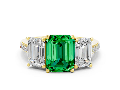 Yellow gold Three-Stone Emerald Cut Emerald Ring with Pavé Band and Prong Setting_12