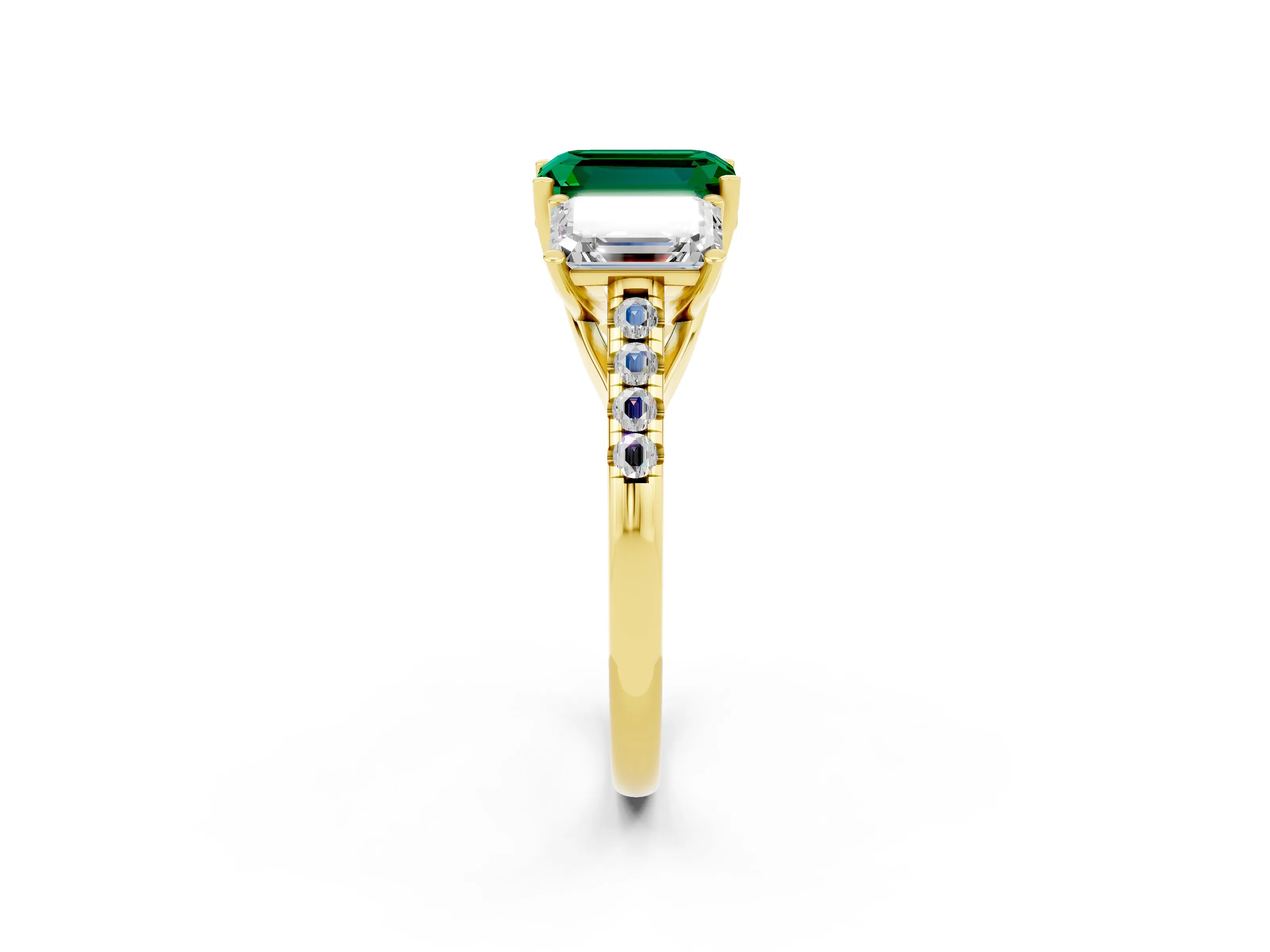 Yellow gold Three-Stone Emerald Cut Emerald Ring with Pavé Band and Prong Setting_14