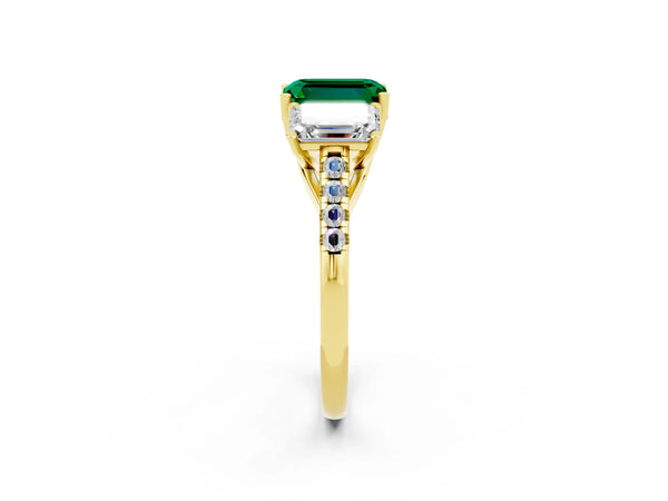 Yellow gold Three-Stone Emerald Cut Emerald Ring with Round  Pavé Band and Prong Setting