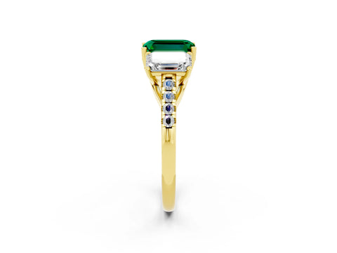 Yellow gold Three-Stone Emerald Cut Emerald Ring with Pavé Band and Prong Setting_14