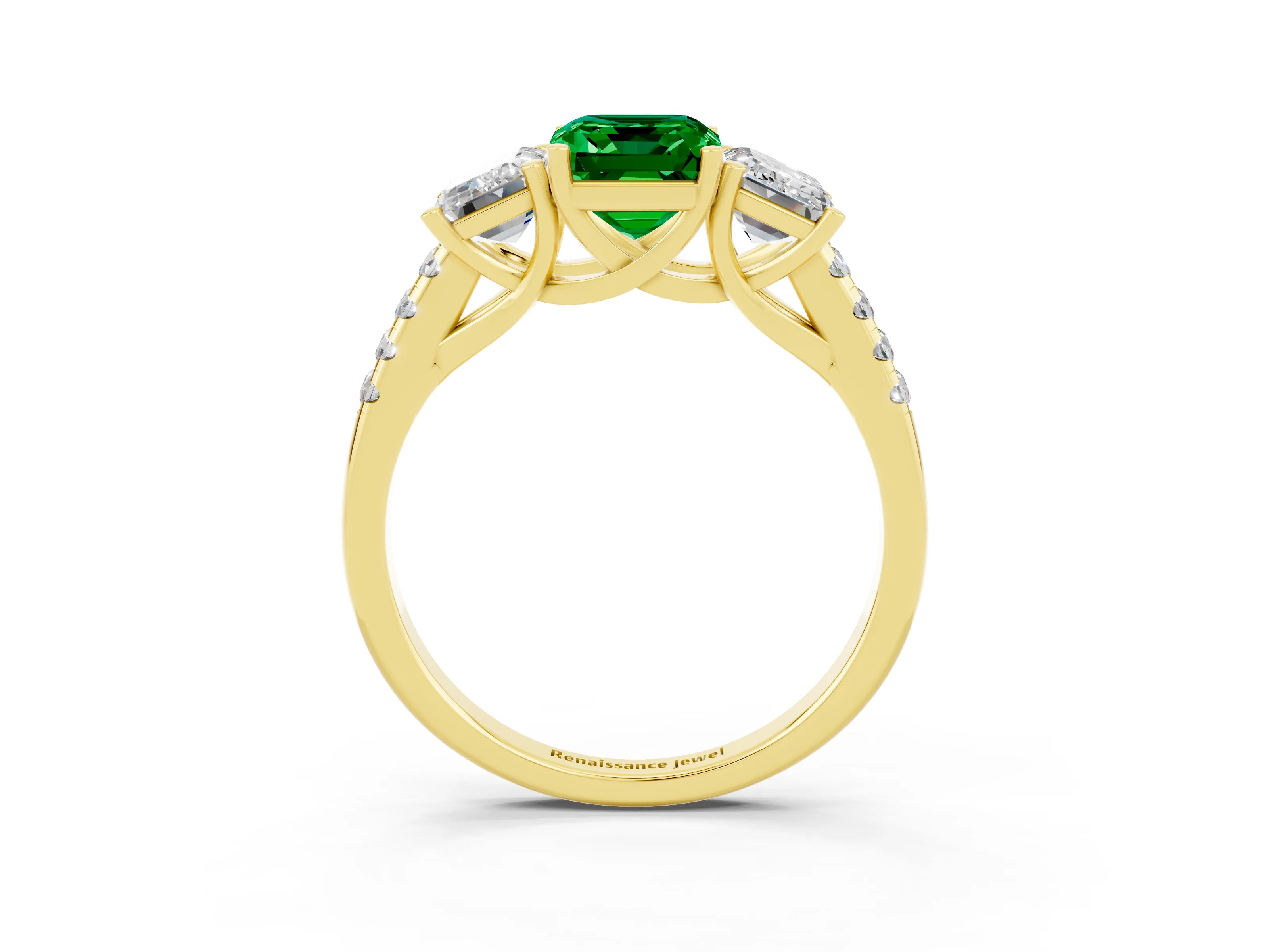Yellow gold Three-Stone Emerald Cut Emerald Ring with Pavé Band and Prong Setting_15