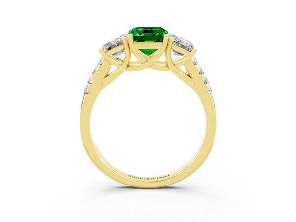 Yellow gold Three-Stone Emerald Cut Emerald Ring with Round  Pavé Band and Prong Setting
