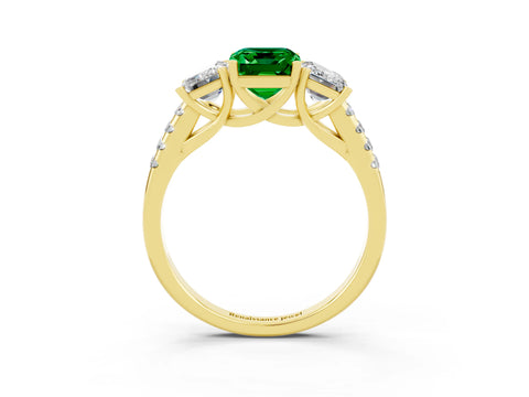 Yellow gold Three-Stone Emerald Cut Emerald Ring with Pavé Band and Prong Setting_15