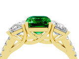 Yellow gold Three-Stone Emerald Cut Emerald Ring with Pavé Band and Prong Setting_16
