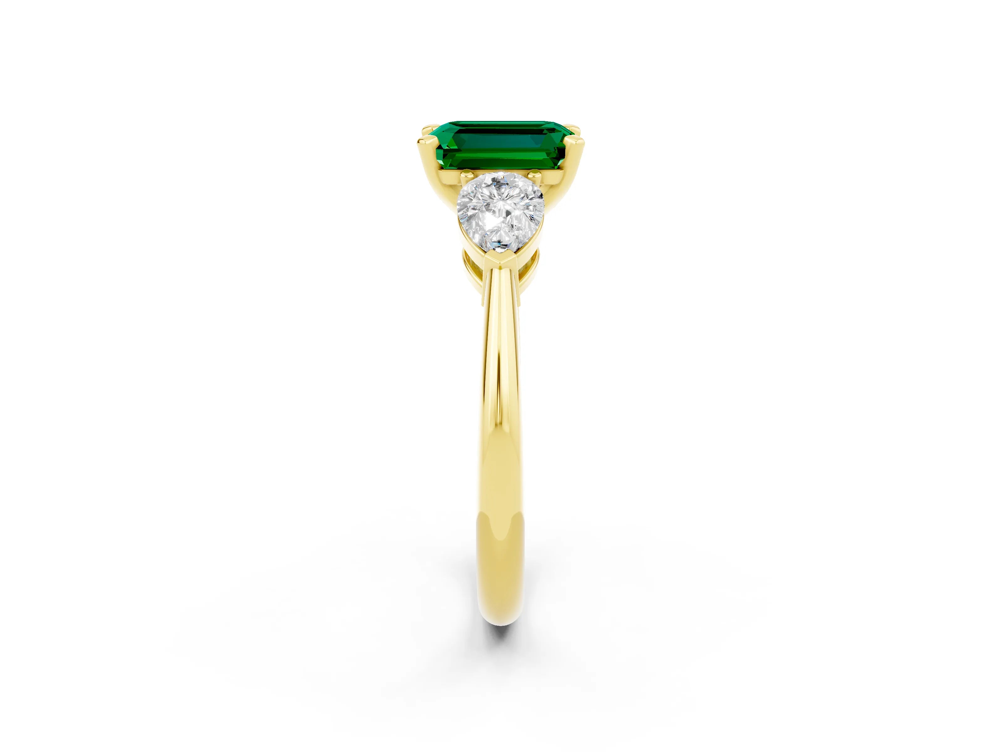 Yellow gold Three-Stone Emerald Cut Emerald Ring with Pear Side Stones and Four-Prong Setting_2