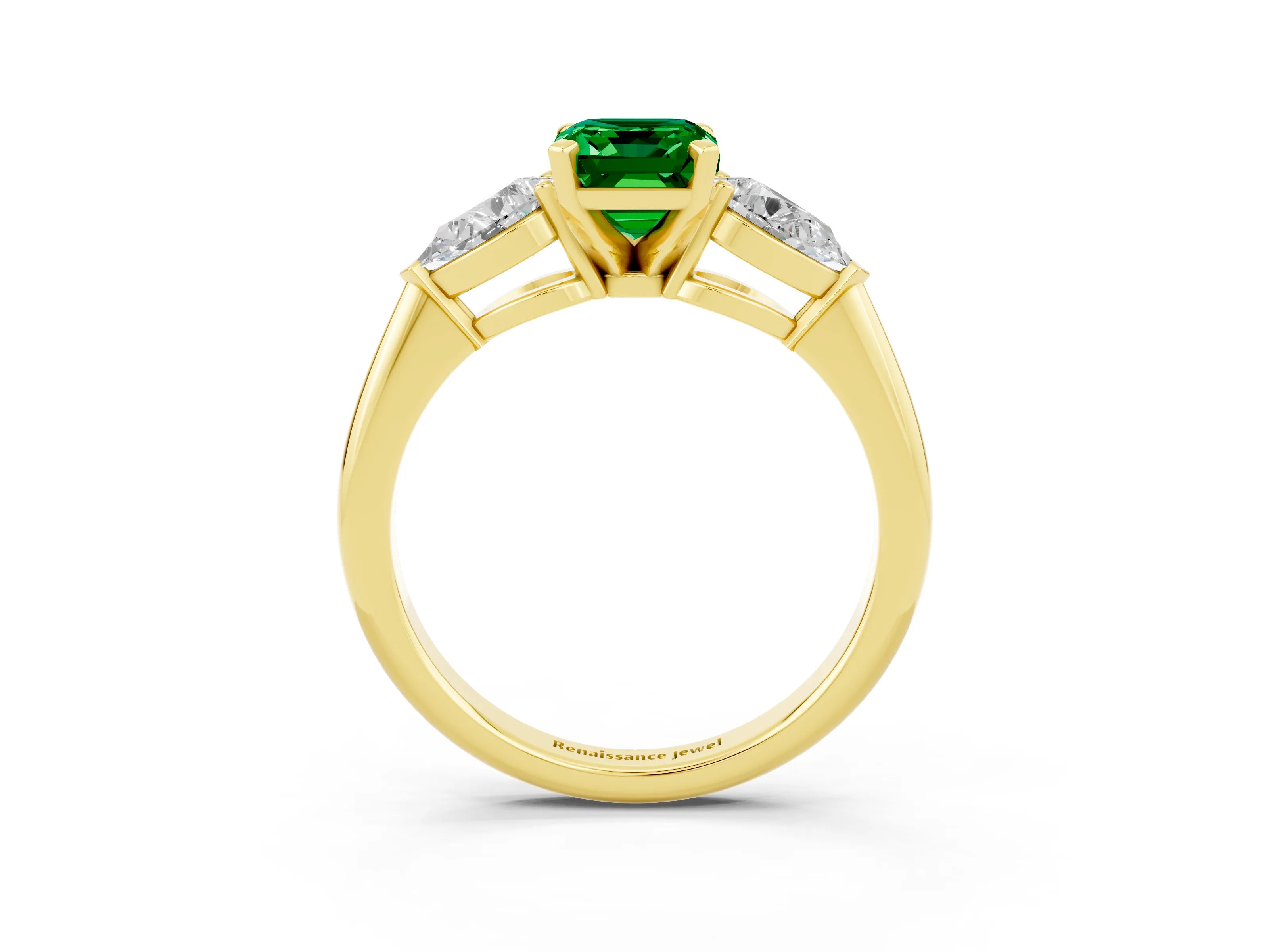 Yellow gold Three-Stone Emerald Cut Emerald Ring with Pear Side Stones and Four-Prong Setting_3