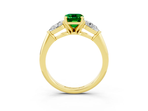 Yellow gold Three-Stone Emerald Cut Emerald Ring with Pear Side Stones and Four-Prong Setting