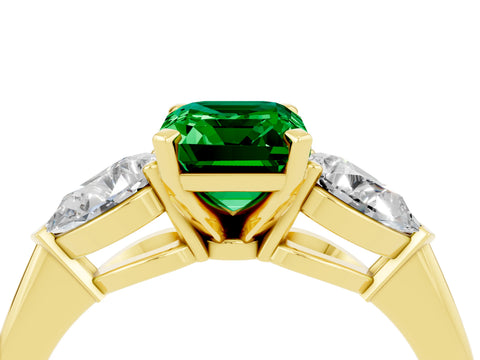 Yellow gold Three-Stone Emerald Cut Emerald Ring with Pear Side Stones and Four-Prong Setting_4