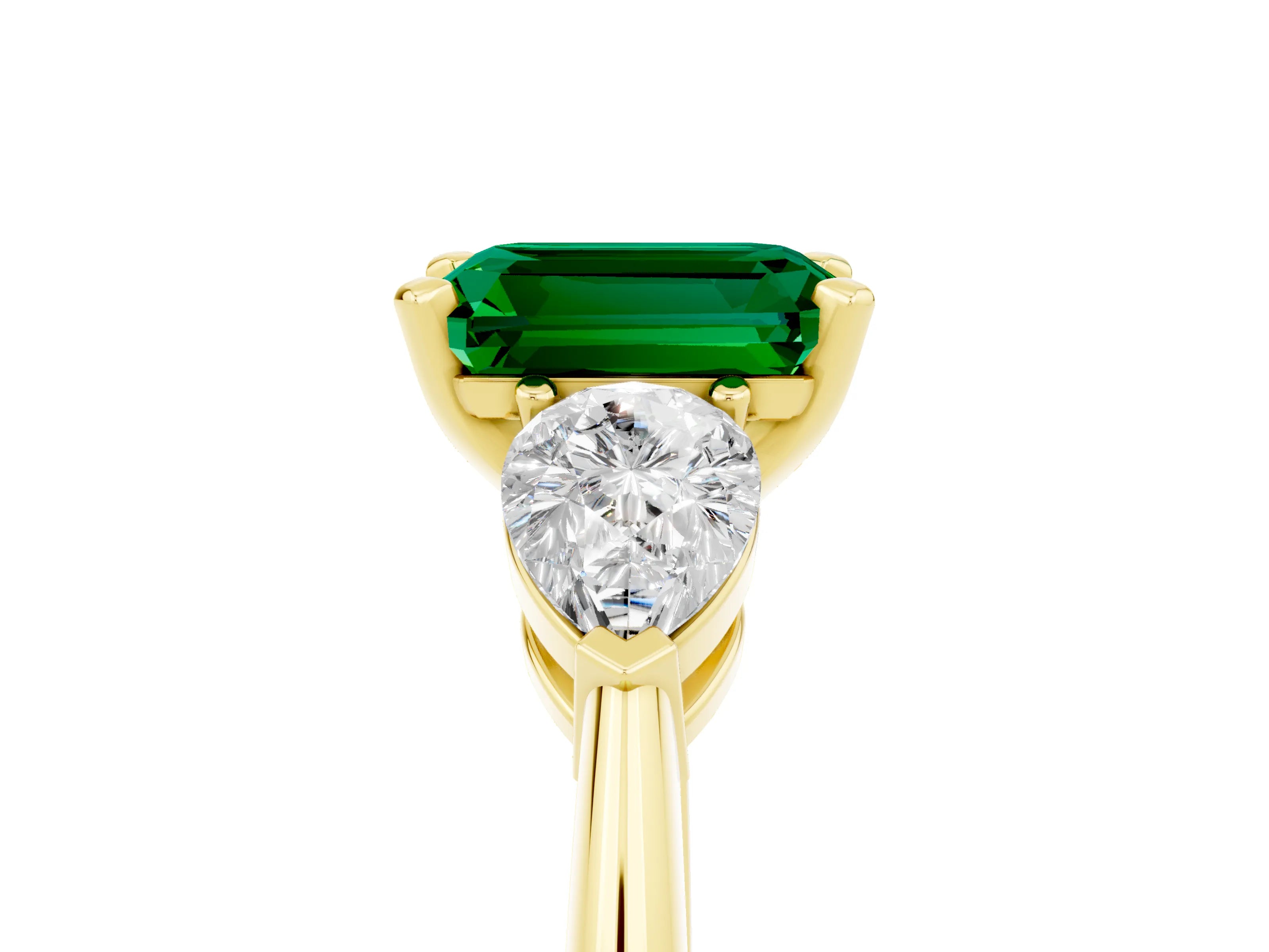 Yellow gold Three-Stone Emerald Cut Emerald Ring with Pear Side Stones and Four-Prong Setting_5