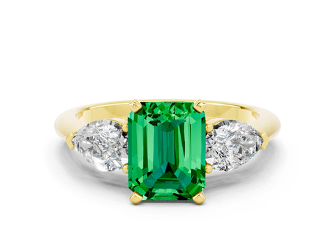 Yellow gold Three-Stone Emerald Cut Emerald Ring with Pear Side Stones and Four-Prong Setting