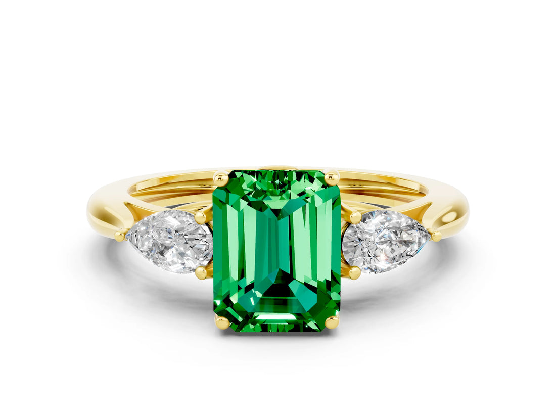 Yellow gold Three-Stone Emerald Cut Emerald Ring with Pear  Side Stones in Four-Prong Setting_12