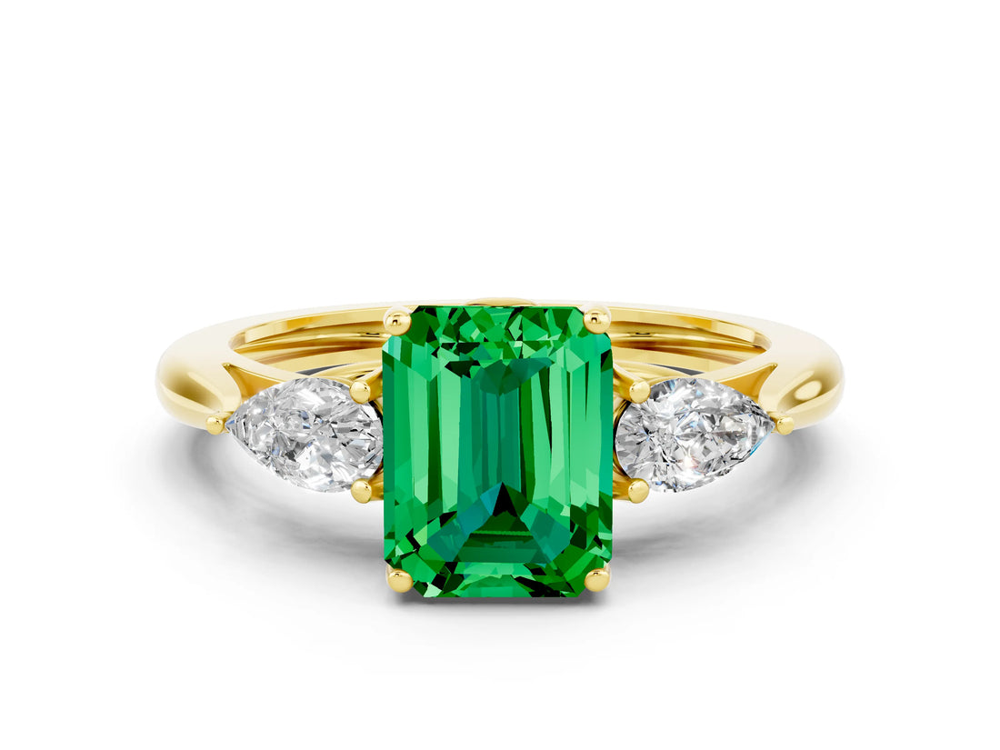 Yellow gold Three-Stone Emerald Cut Emerald Ring with Pear  Side Stones in Four-Prong Setting_36