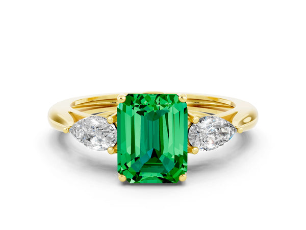 Yellow gold Three-Stone Emerald Cut Emerald Ring with Pear  Side Stones in Four-Prong Setting