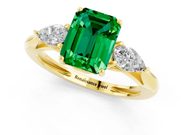 Yellow gold Three-Stone Emerald Cut Emerald Ring with Pear  Side Stones in Four-Prong Setting