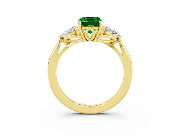 Yellow gold Three-Stone Emerald Cut Emerald Ring with Pear  Side Stones in Four-Prong Setting