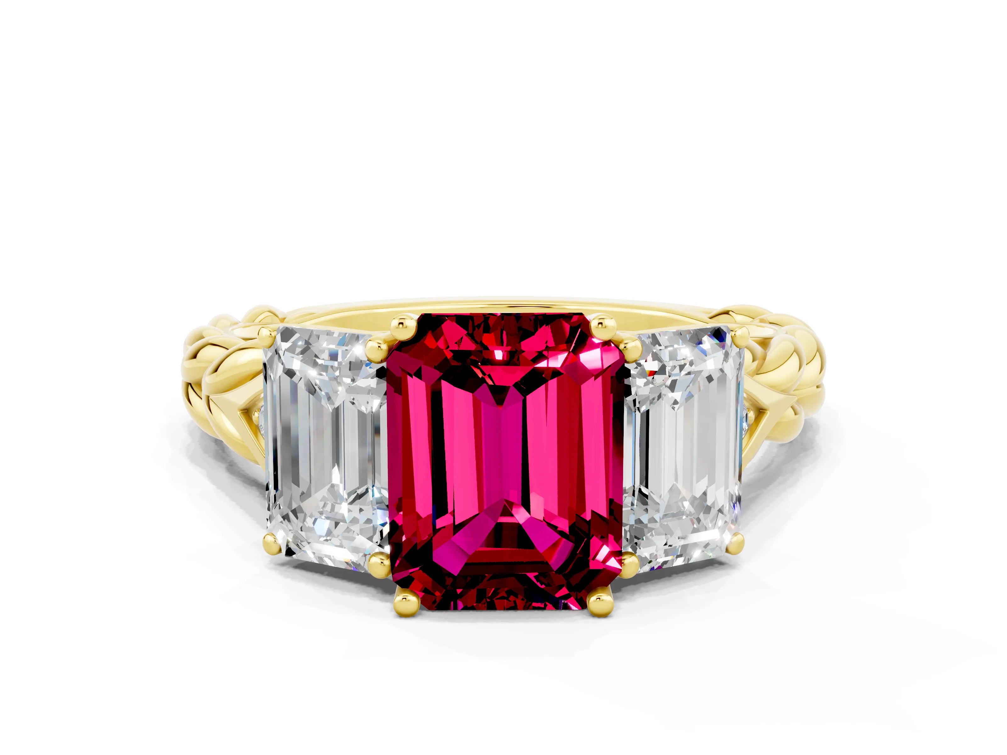 Yellow gold Three-Stone Emerald Cut Garnet Braided Band Ring with Four-Prong Setting_36