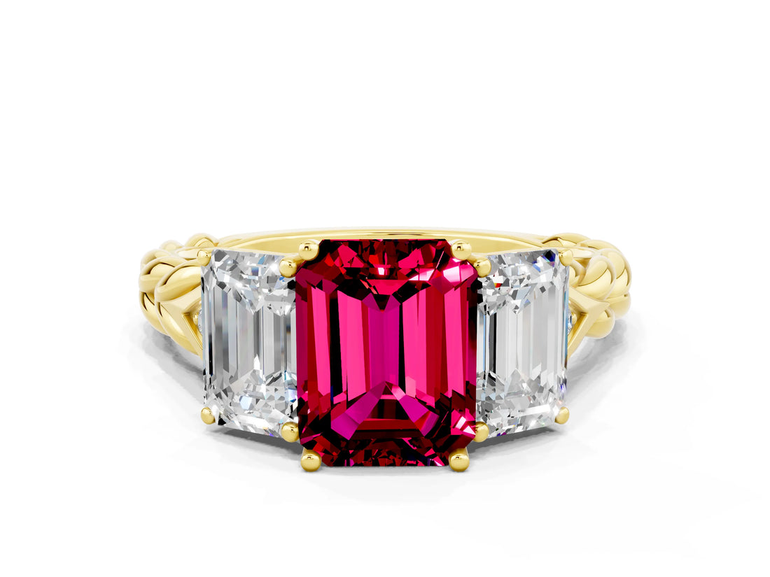 Yellow gold Three-Stone Emerald Cut Garnet Braided Band Ring with Four-Prong Setting_36