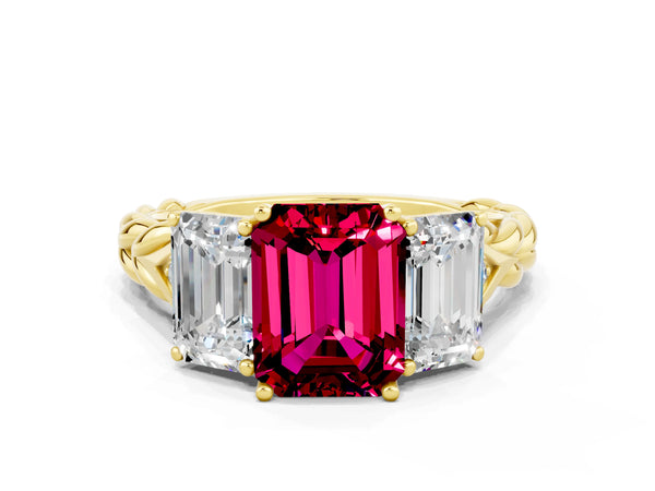 Yellow gold Three-Stone Emerald Cut Garnet Braided Band Ring with Four-Prong Setting