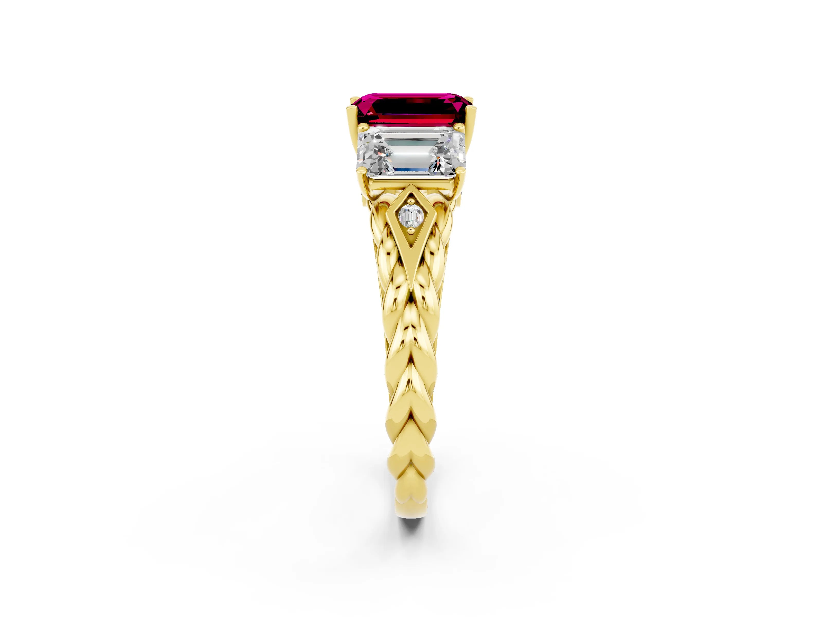 Yellow gold Three-Stone Emerald Cut Garnet Braided Band Ring with Four-Prong Setting_38