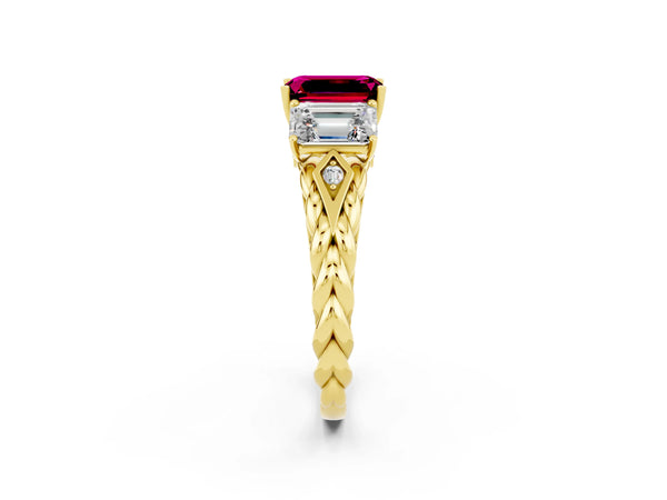 Yellow gold Three-Stone Emerald Cut Garnet Braided Band Ring with Four-Prong Setting