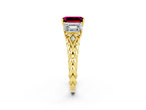 Yellow gold Three-Stone Emerald Cut Garnet Braided Band Ring with Four-Prong Setting_38