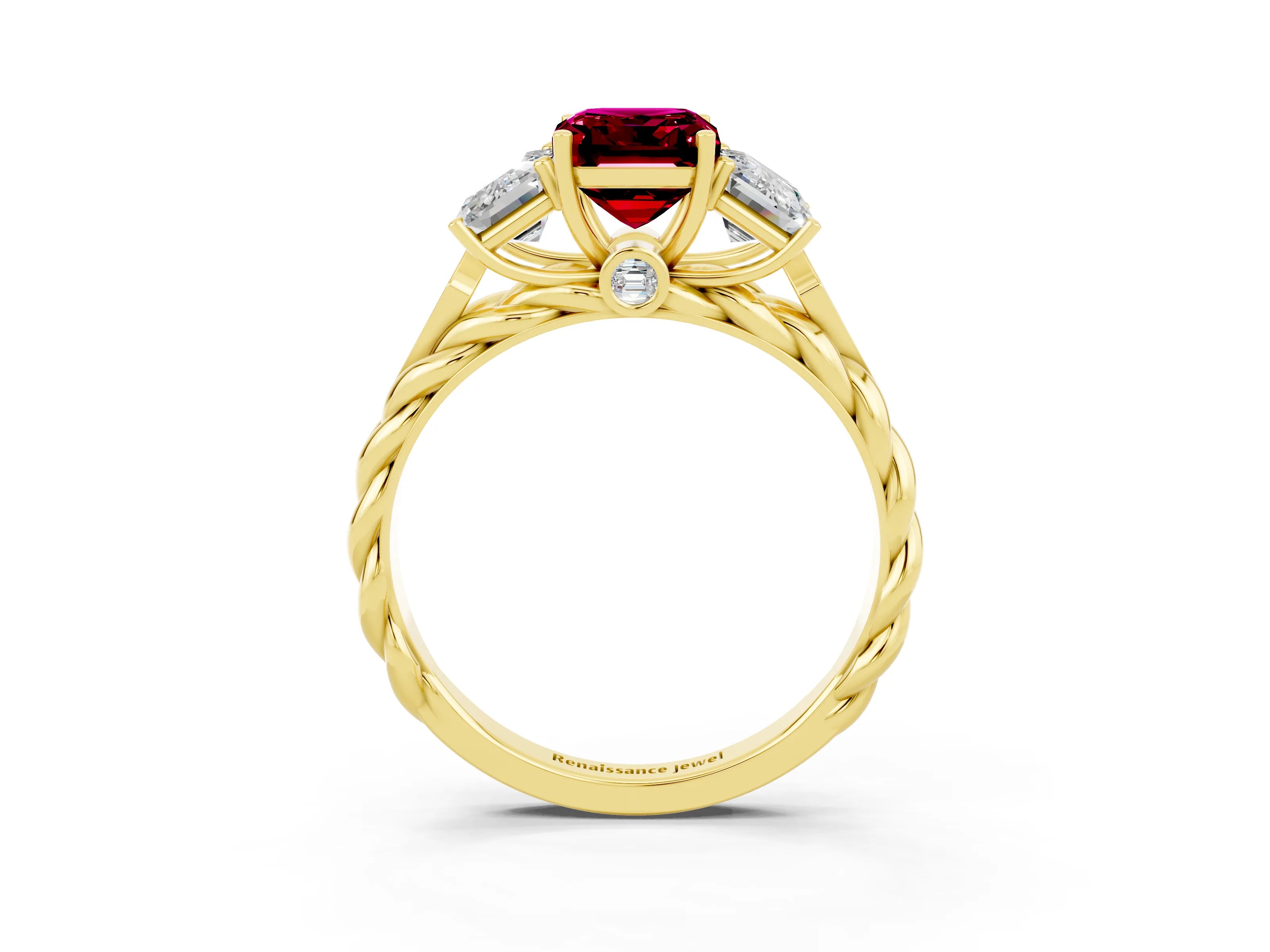 Yellow gold Three-Stone Emerald Cut Garnet Braided Band Ring with Four-Prong Setting_39