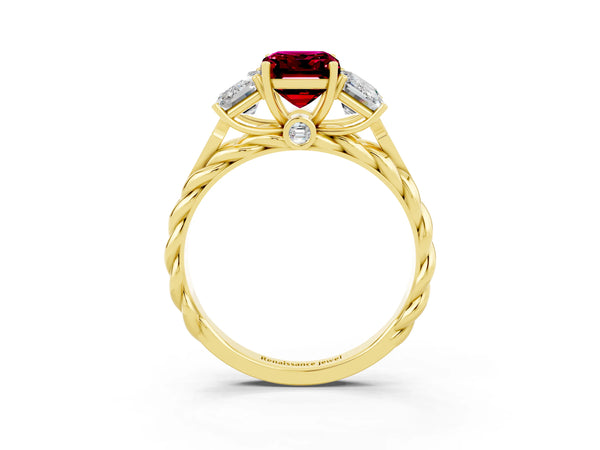 Yellow gold Three-Stone Emerald Cut Garnet Braided Band Ring with Four-Prong Setting