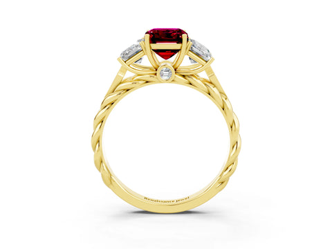 Yellow gold Three-Stone Emerald Cut Garnet Braided Band Ring with Four-Prong Setting_39