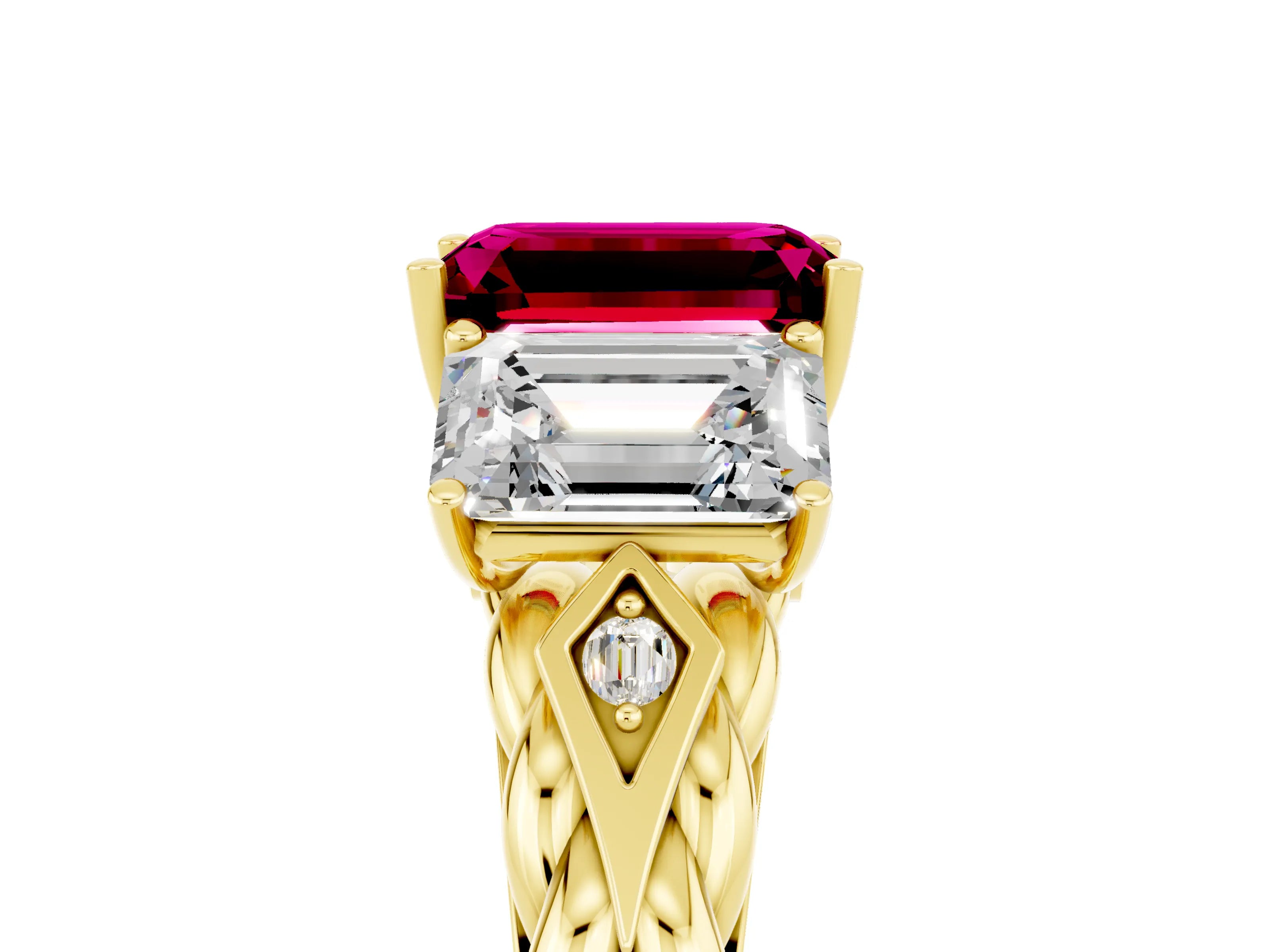 Yellow gold Three-Stone Emerald Cut Garnet Braided Band Ring with Four-Prong Setting_41