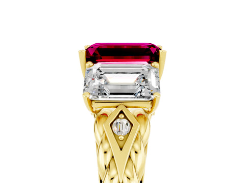 Yellow gold Three-Stone Emerald Cut Garnet Braided Band Ring with Four-Prong Setting_41