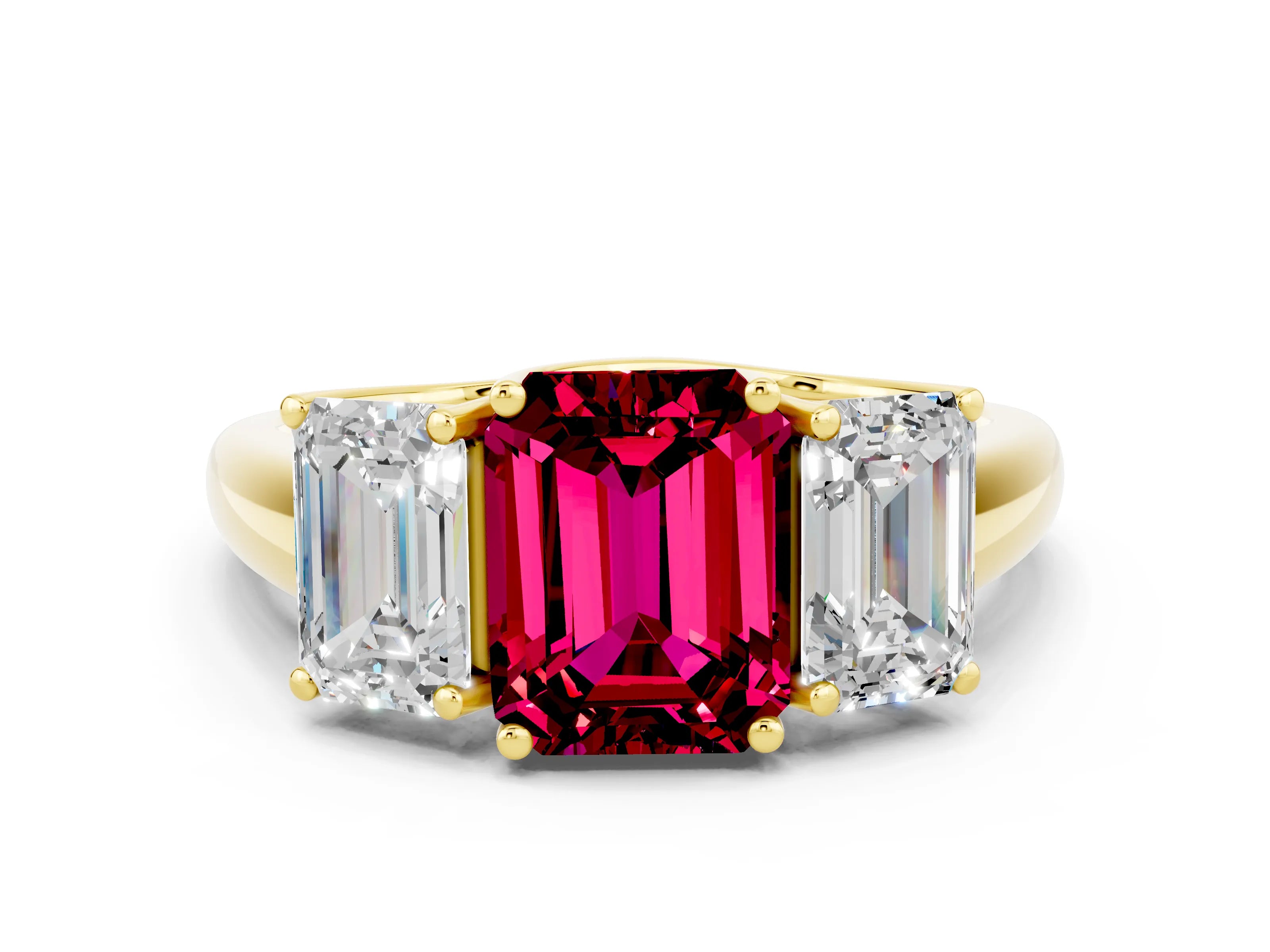 Yellow gold Three-Stone Emerald Cut Garnet Engagement Ring with Prong Setting