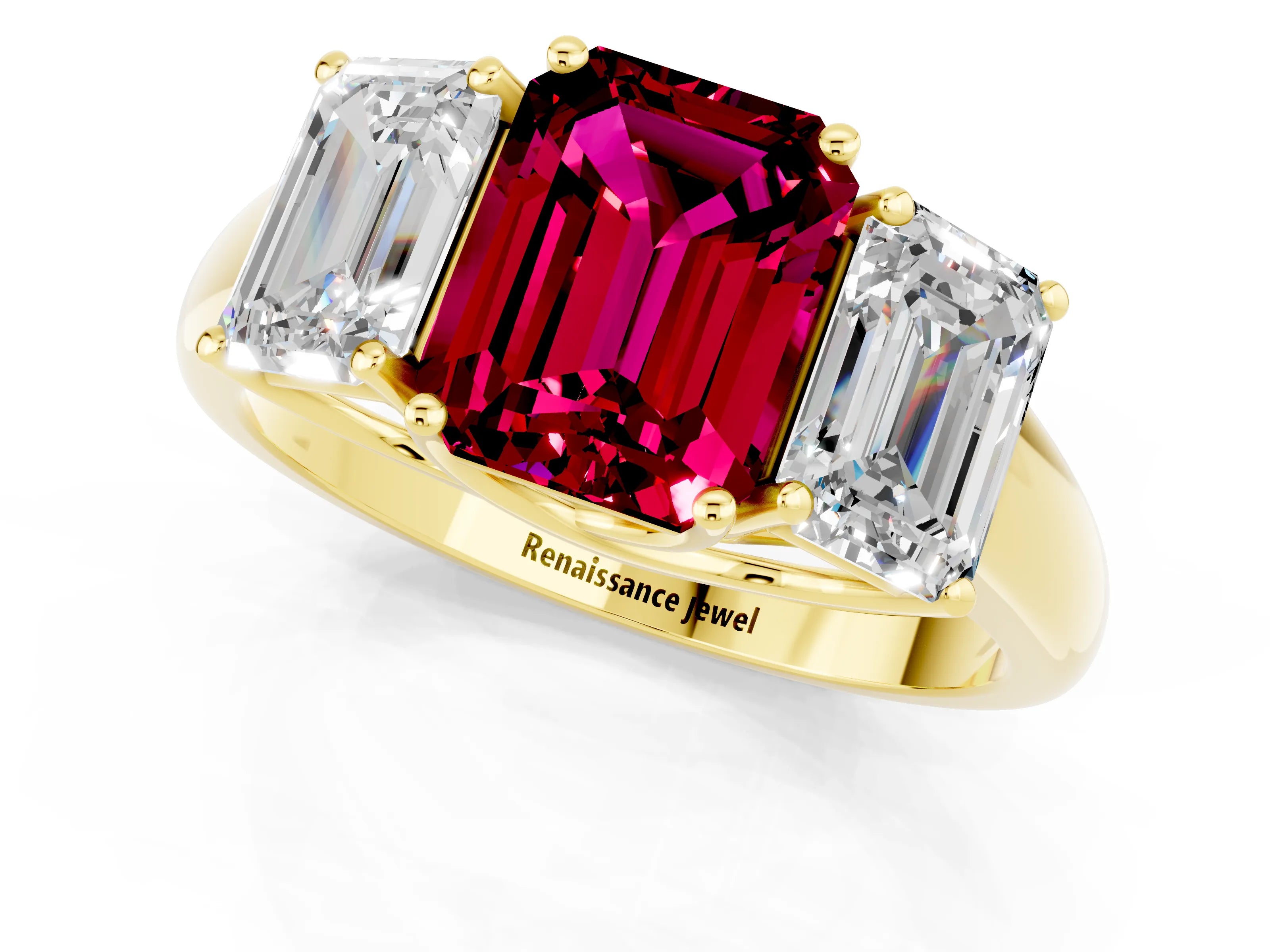 Yellow gold Three-Stone Emerald Cut Garnet Engagement Ring with Prong Setting_1