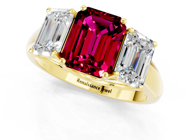 Yellow gold Three-Stone Emerald Cut Garnet Engagement Ring with Prong Setting