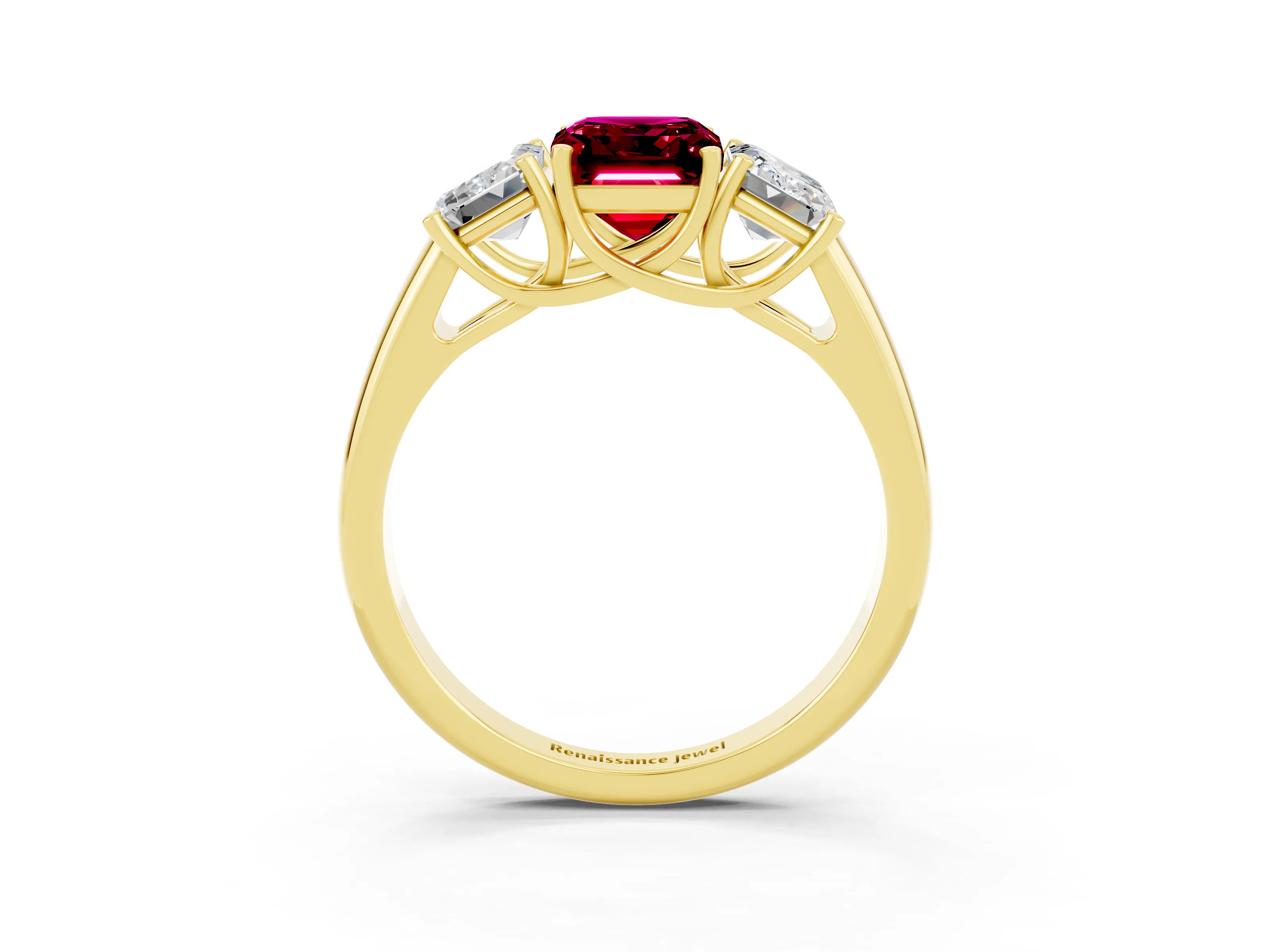 Yellow gold Three-Stone Emerald Cut Garnet Engagement Ring with Prong Setting_3