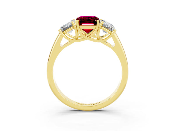 Yellow gold Three-Stone Emerald Cut Garnet Engagement Ring with Prong Setting