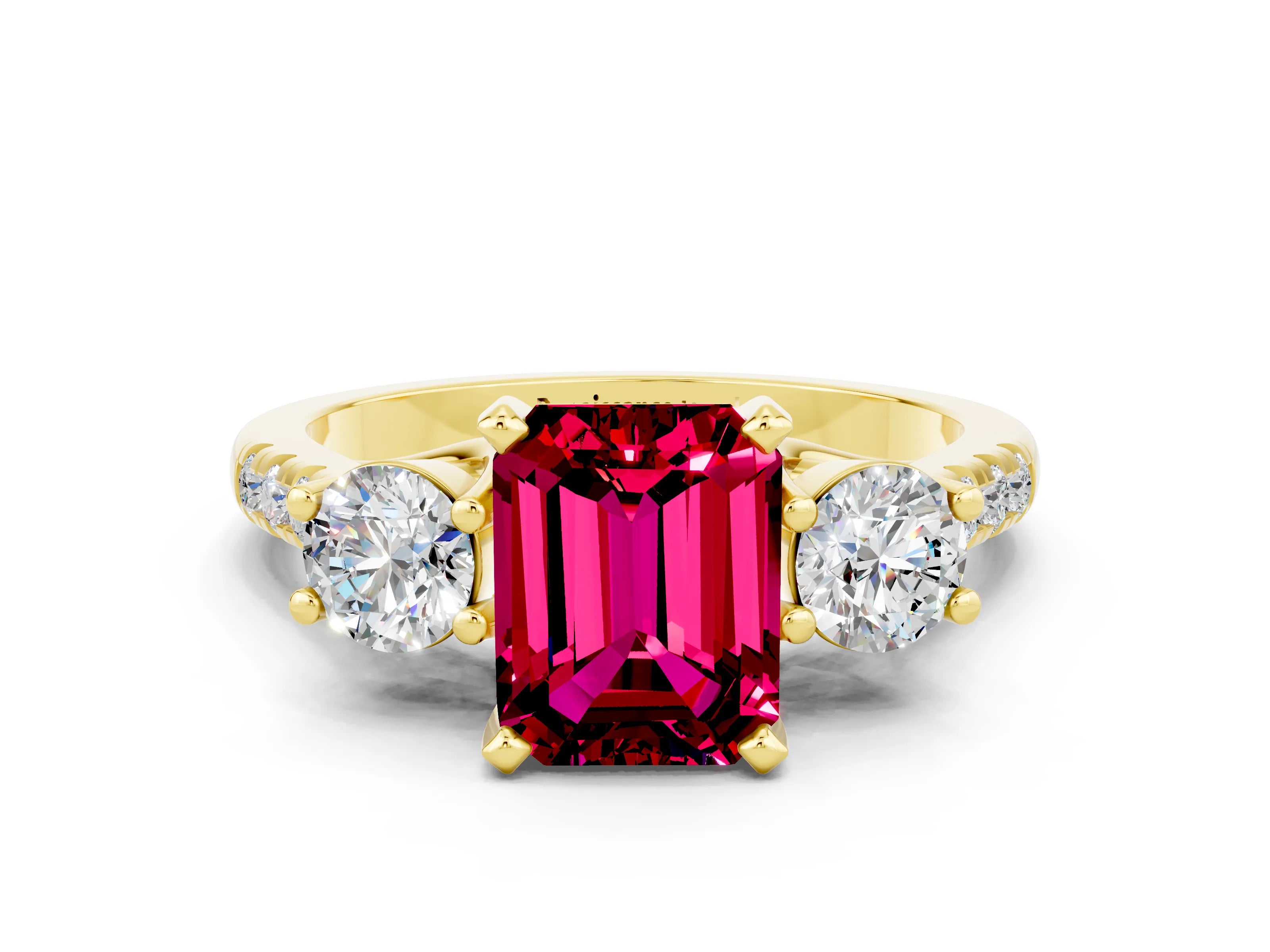 Yellow gold Three-Stone Emerald Cut Garnet Pavé Band with Four-Prong Setting