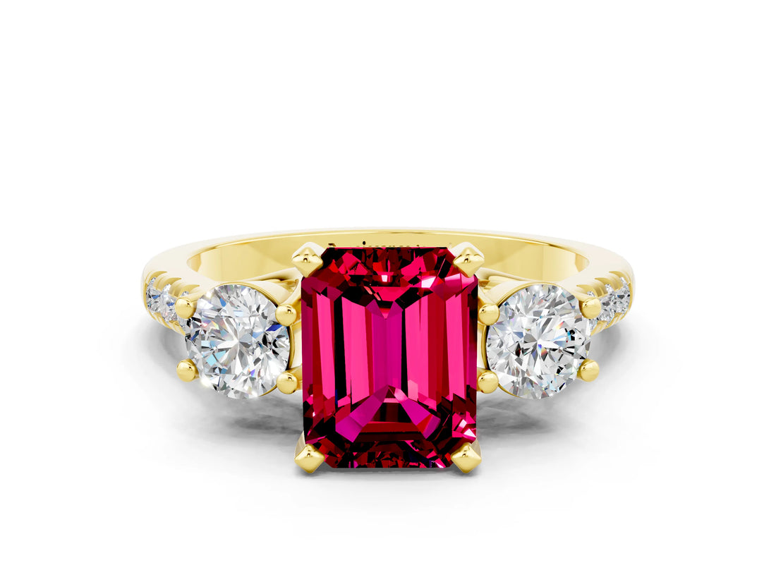Yellow gold Three-Stone Emerald Cut Garnet Pavé Band with Four-Prong Setting