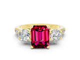 Yellow gold Three-Stone Emerald Cut Garnet Pavé Band with Four-Prong Setting