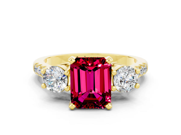 Yellow gold Three-Stone Emerald Cut Garnet Pavé Band with Four-Prong Setting