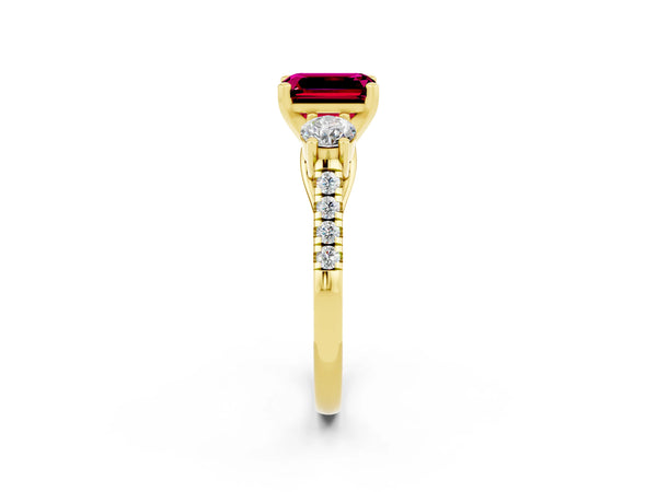 Yellow gold Three-Stone Emerald Cut Garnet Pavé Band with Four-Prong Setting