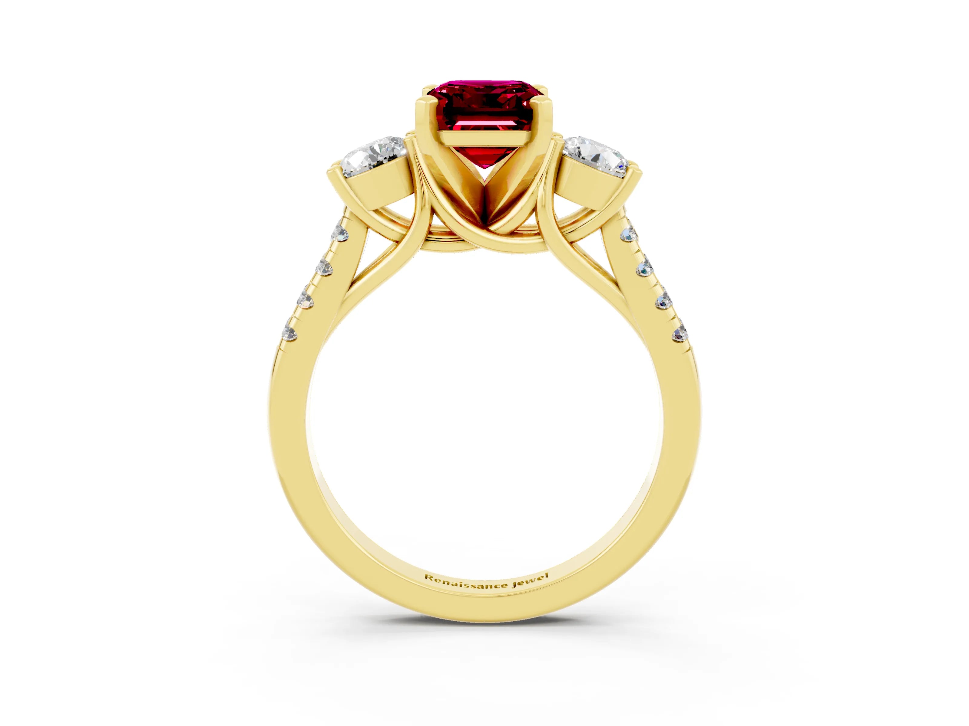 Yellow gold Three-Stone Emerald Cut Garnet Pavé Band with Four-Prong Setting_3