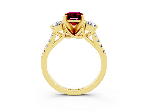 Yellow gold Three-Stone Emerald Cut Garnet Pavé Band with Four-Prong Setting